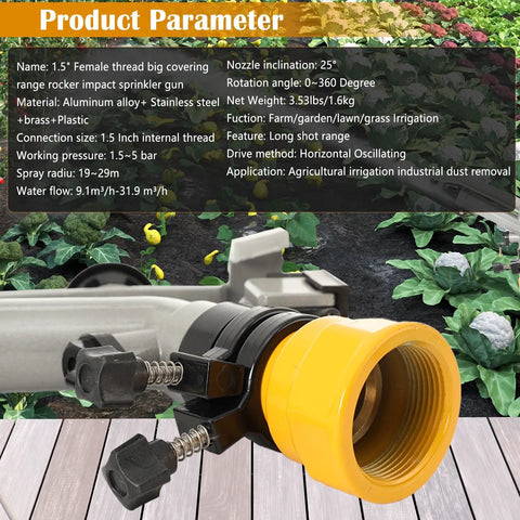 1.5 Inch Aluminum Alloy Irrigation Sprinkler Spray Gun For Lawn And Garden, 360 Degree Rotary Watering, Large Area Coverage