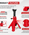 3 Ton Adjustable Auto Floor Jack Stands With Double Locking And Large Foot Base For Lifting SUVs, Heavy Duty Carbon Steel 6,000 Lb Capacity, 2 Pack Ideal For Home Garages And Pro Shops displayed in red with product features description.