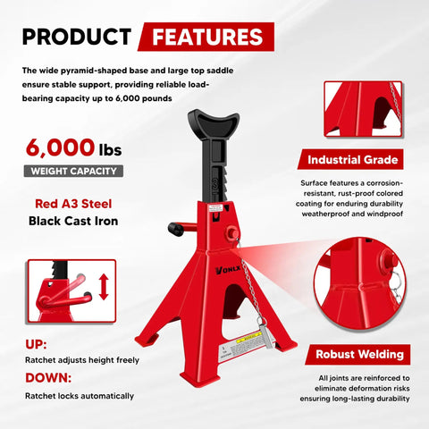 3 Ton Adjustable Auto Floor Jack Stands With Double Locking And Large Foot Base For Lifting SUVs, Heavy Duty Carbon Steel 6,000 Lb Capacity, 2 Pack Ideal For Home Garages And Pro Shops displayed in red with product features description.