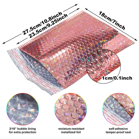 Rose Gold Holographic Bubble Mailers Bulk Pack Of 30 Self Sealing Padded Envelopes 11 By 7 Inches For Shipping And Packing With Privacy Protection Cushioning Ideal For Ecommerce Sellers And Gift Shipments, shown with size details and features like bubble lining.