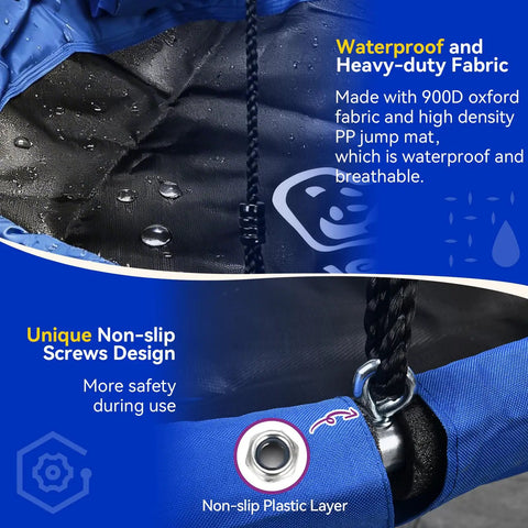 Close-up details of Blue 48 Inch Saucer Tree Swing With Straps, Heavy Duty 600 Lb Weight Capacity, showcasing fabric and screws design.
