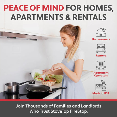 Woman cooking in kitchen near stove, promoting Automatic Fire Suppressor For Residential Kitchens, Direct Flame Activated, Easy To Install Grease Fire Safety System For Four Burner Stoves, Non Toxic, Calibrated For Quick Home Cookin Kitchen Fire Suppression.