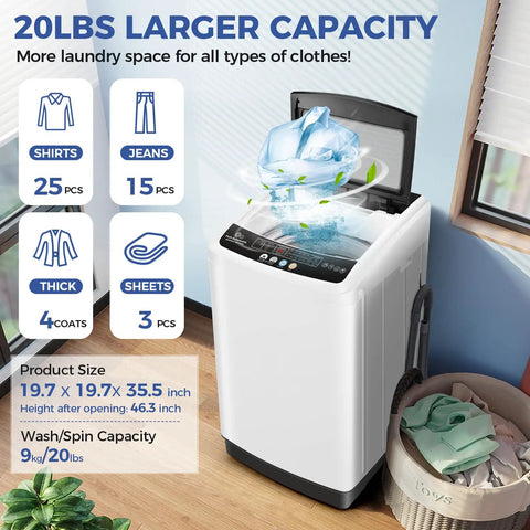 Heavy Duty Portable Washer With Slow Close Glass Lid Compact 20 Lbs Laundry Machine For Dorms And Tiny Apartments, showing 20lbs capacity and product details.