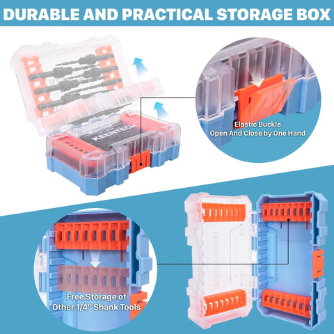 Open sturdy storage box showing compartments for 22-Piece Countersink Drill Bit Set With Quarter Inch Hex Shank, Tapered Countersinks.