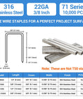 Heavy Duty 316 Stainless Steel Upholstery Staples, 22 Gauge 71 Series Tacker Nails With Three Eighth Inch Crown And Leg For Fine Wire Stapler Guns, 10000 Pack displayed with specifications.