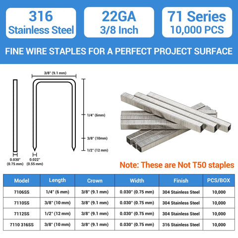 Heavy Duty 316 Stainless Steel Upholstery Staples, 22 Gauge 71 Series Tacker Nails With Three Eighth Inch Crown And Leg For Fine Wire Stapler Guns, 10000 Pack displayed with specifications.
