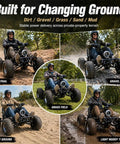 Electric Off Road Go Kart With 72V 3000W Motor Peak 10.8kW Power navigating dirt, gravel, grass, sand, and mud terrain.