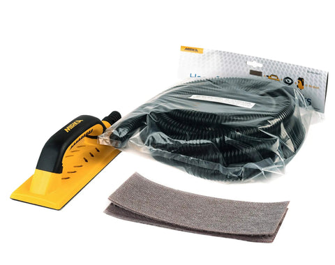 Pro Grade Dust Free Hand Sanding Block Kit 3 In X 9 In With Hook And Loop Backing, 55 Hole Abranet Mesh Sheets, Vacuum Hose