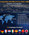 Image showing All Vehicles After 1996 OBD2 Scanner Tool compatibility map and language support with car graphics.