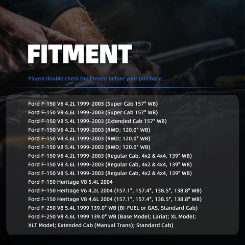 Graphic showing fitment details for Ford F-150 Fuel Pump Replacement 1999-2003 Fits V6 4.2L V8 4.6L 5.4L RWD 120 Inch Wheelbase Regular Cab.