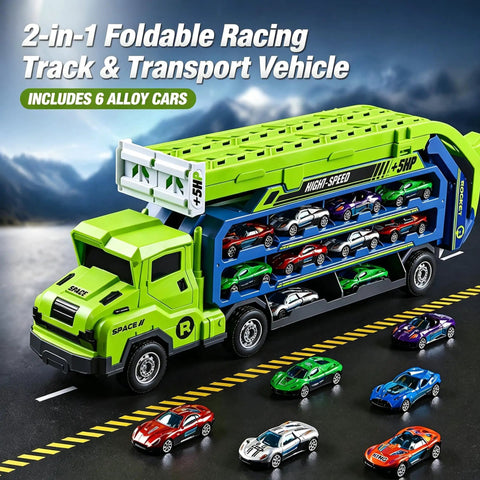 Foldable Two Layer Car Carrier Truck With 33 Inch Race Track And Six Metal Cars, displayed as a drivable truck and cars.