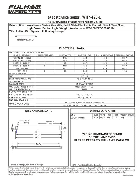 Specification sheet for Workhorse 7 Versatile Fluorescent Ballast 120V Instant Start For F96T12HO And F36T12HO Lamps.