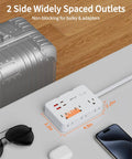 Heavy Hitter Power Strip Surge Protector With Six Wide Spread Outlet Plugs And Four Fast Charge USB Ports Including Dual Type C Inputs on a desk.