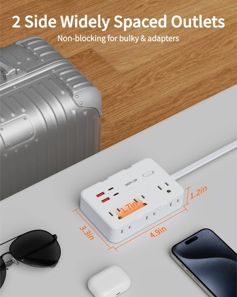 Heavy Hitter Power Strip Surge Protector With Six Wide Spread Outlet Plugs And Four Fast Charge USB Ports Including Dual Type C Inputs on a desk.
