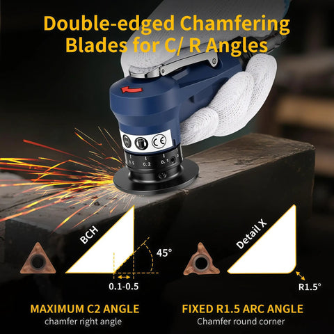 Pro Grade High Performance Pneumatic Chamfering Tool For Metal Wood PVC And Acrylic, 30000 RPM Air Deburring Bevel Tool With 6 Bearings, 8 C Blades And 6 R Blades, 45 Degree Chamfer, 1 Quarter Inch Air Inlet, Complete Screw Kit