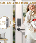 Keypad Deadbolt Front Door Lock With AI Fingerprint Unlock in 0.3 seconds installed on exterior door, woman holding groceries