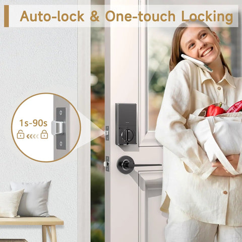 Keypad Deadbolt Front Door Lock With AI Fingerprint Unlock in 0.3 seconds installed on exterior door, woman holding groceries