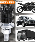 Badass Four Piece Crown License Plate Screws Antitheft Security Bolts Universal Fit For Cars Trucks Motorcycles matte black aluminum steel fastener with motorcycle, car, and truck illustrations.