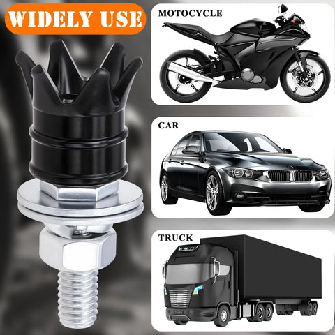 Badass Four Piece Crown License Plate Screws Antitheft Security Bolts Universal Fit For Cars Trucks Motorcycles matte black aluminum steel fastener with motorcycle, car, and truck illustrations.