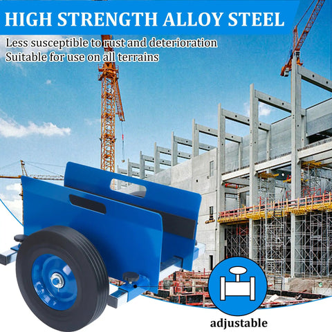 Heavy Duty Panel Dolly For Doors And Drywall, 1100 Pound Capacity, All Terrain Workhorse Slab Cart With 10 Inch Solid Wheels, displayed in front of construction site.