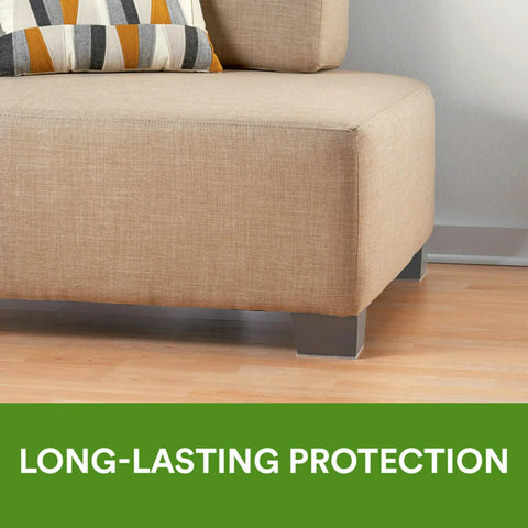 Top Shelf Felt Furniture Protectors For Hardwood Floors Beige Self Stick Pads under a couch leg on wood floor.