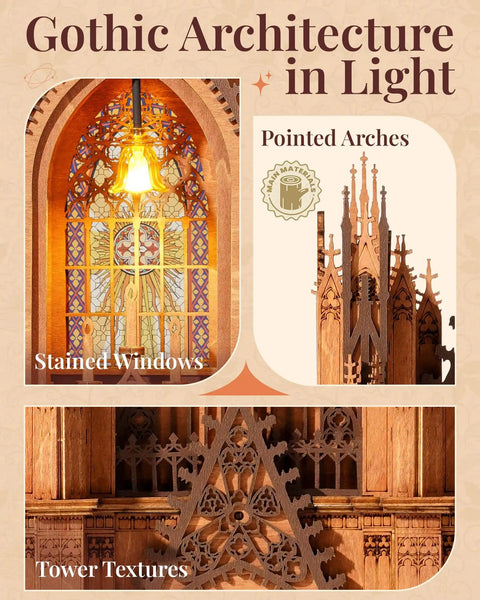 Gothic Architecture 3D Puzzle Kit For Adults With LED Lights Wooden Model Building Set DIY Craft Kit Twin Tower Cathedral Replica showcasing stained glass, pointed arches, and intricate textures.