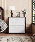 Bedroom nightstand with two drawers equipped with Self Stick Push Pull Helper White Hidden Cabinet Handle Made From ABS Plastic.