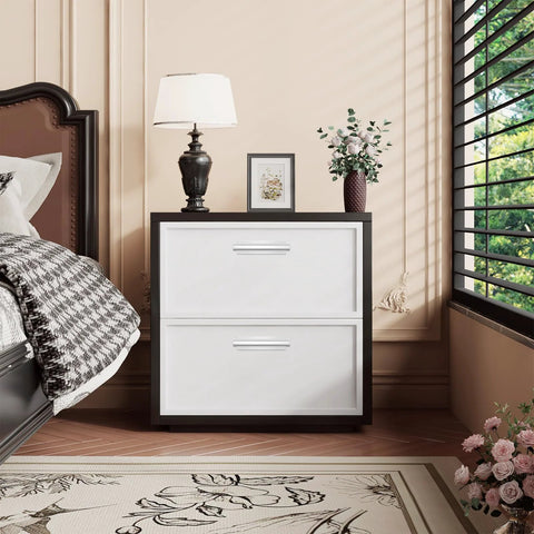 Bedroom nightstand with two drawers equipped with Self Stick Push Pull Helper White Hidden Cabinet Handle Made From ABS Plastic.