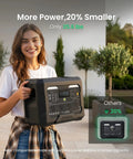 Woman holding the N1000 Portable Power Station 1024Wh 1800W Fast Charge to 80 Percent in 43 Minutes, showcasing compact size.