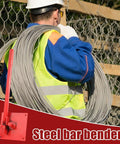 Worker with coil of wire, inset shows Steel Rod Bender For 8mm And 10mm Metal Rods Heavy Duty Metal Bending Tool