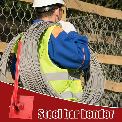 Worker with coil of wire, inset shows Steel Rod Bender For 8mm And 10mm Metal Rods Heavy Duty Metal Bending Tool