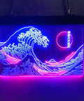 Great Wave Neon Sign Wall Decor LED Light With Lit Blue And White Glow 24 By 16 Inches Handmade Japanese Wave Art