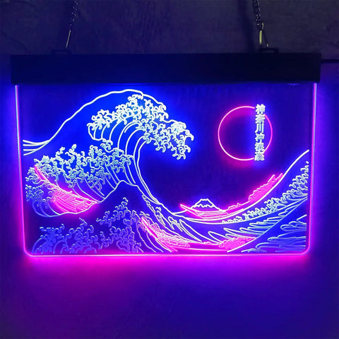 Great Wave Neon Sign Wall Decor LED Light With Lit Blue And White Glow 24 By 16 Inches Handmade Japanese Wave Art