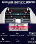 Dual Pocket Money Counter With Built In Receipt Printer And Bank Grade Counterfeit Detection For Hustle Ready Cash Sorting and Serial Number Tracking close-up of counterfeit detection features.