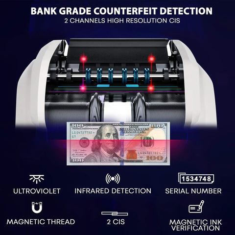 Dual Pocket Money Counter With Built In Receipt Printer And Bank Grade Counterfeit Detection For Hustle Ready Cash Sorting and Serial Number Tracking close-up of counterfeit detection features.