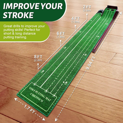 Indoor Golf Putting Mat With Three Track Putting Green And Automatic Ball Return, top view on wooden floor