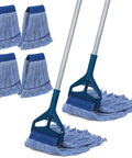 Top Notch Heavy Duty Mop Kit Featuring Six Massive Cotton Replacement Heads And Two Rock Solid Handles For Smooth Cleanup Of Every Sticky Mess On Hard Floors, showing mop handles and cotton heads.