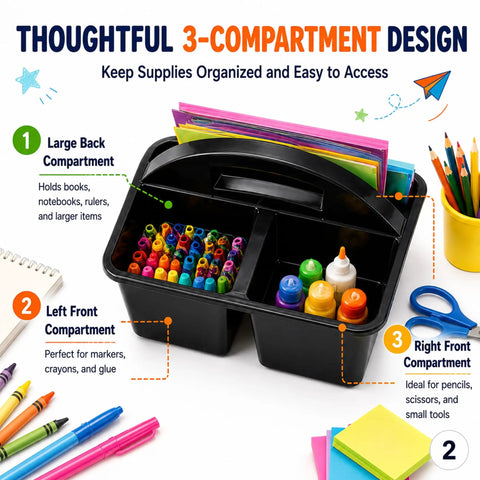 Six Pack Black Classroom Caddies With Three Compartment Plastic Storage Bins showing organized office supplies