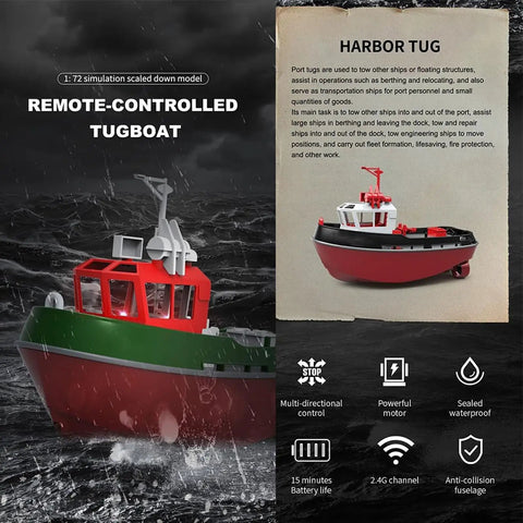 Red and green 1:72 scale Dope Turbocharged RC Boat with 2.4GHz Remote on water, highlighting realistic hull design.