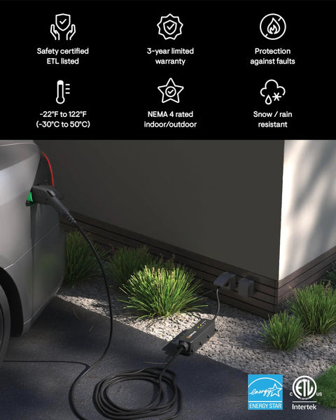 Portable EV Charger With 12 Amp Output, 25 Ft Rugged Cable, SAE J1772 Connector in use, connected to electric car, outdoor setup.