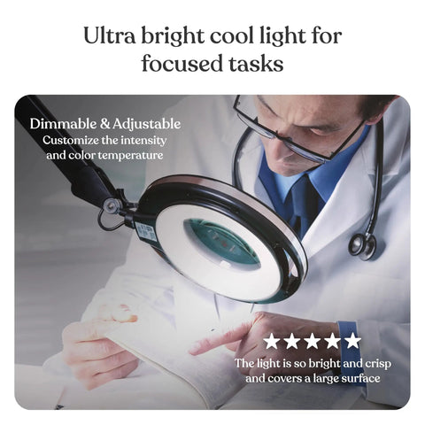 Doctor using Hands Free Magnifying Floor Lamp with Dimmable LED Light, 5 Diopter Lens, for focused tasks and precision work.