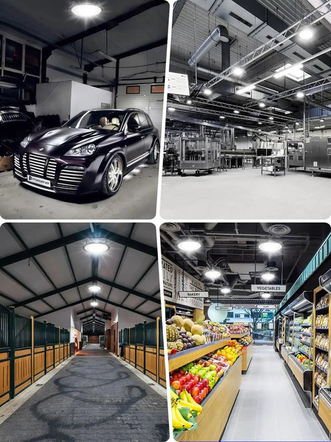 100W UFO LED High Bay Light 10000lm Ultra Bright Warehouse Lighting IP54 6000K Cold White For Garage Factory Workshop Gym Shop Industrial Use 4 Pack Energy Saving Long Life installed in various indoor spaces like garage, factory, and shop.