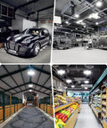 Two Pack 200W UFO LED High Bay Lights 20000 Lumens Daylight 6500K Waterproof Shop Light illuminating different industrial areas