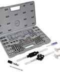 Open case displaying Metric And SAE Tap And Die 60-Piece Rethread Set For Cutting External And Internal Threads All In One Kit.