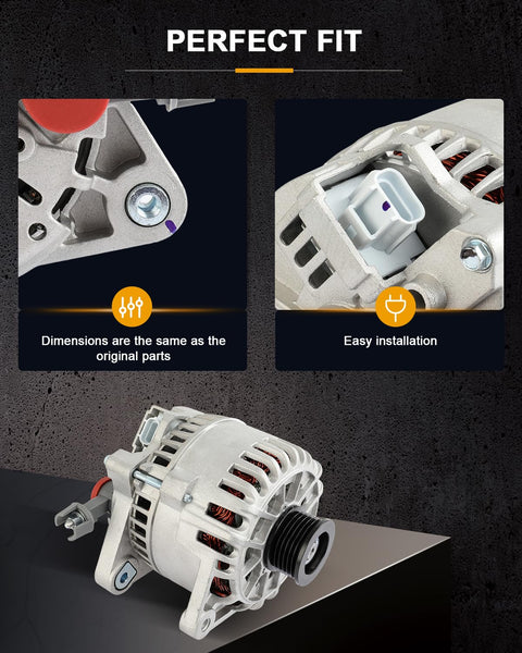 Beefed Up Alternator Compatible With Ford Escape Two Point Oh Liter 2001 Through 2004 And Ford Focus Two Point Oh Liter 2000 Through 2004 OE 8260N 8264N Replacement For Reliable Charging Easy Install Durable Output And Smooth Electrical System Operation, showing alternator close-up, electrical connections, and installation compatibility.
