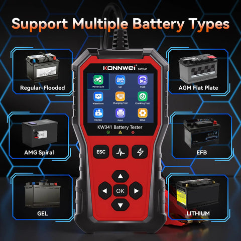 All-In-One 6V 12V 24V Battery Tester For Cars, Trucks, And Bikes With Built-In Reverse Polarity Protection, Test Range 10-2000 CCA Across Flooded, AGM, Gel, EFB, And Lithium, front view