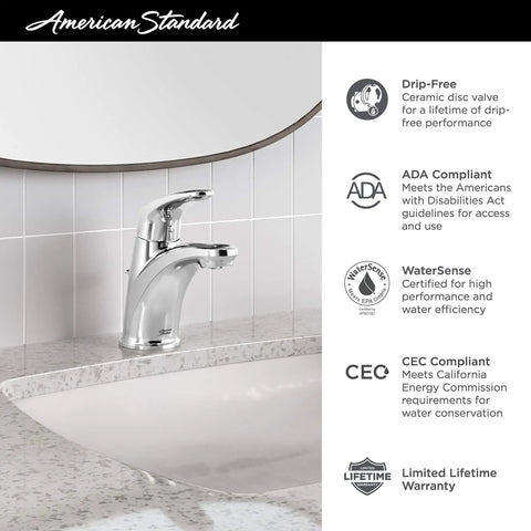 Colony Pro Single Handle Bathroom Faucet With Metal Pop Up Drain In Polished Chrome 1.2 GPM Flow Hot Water Safety Stop