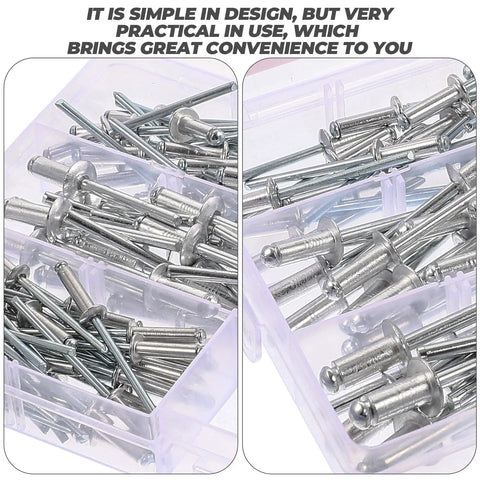 Close-up of 140 Piece Aluminum Blind Rivet Kit With Flange Long Grip Pop Rivets For Auto And Furniture Repairs in case