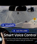 Interior view showing P1 Duo 4K Dash Cam Front And Rear With 64GB Card Included, Smart Voice Control feature in use while driving.