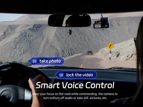 Interior view showing P1 Duo 4K Dash Cam Front And Rear With 64GB Card Included, Smart Voice Control feature in use while driving.